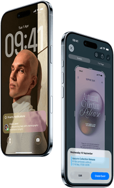 Two iPhone Air devices, front exterior, side exterior, thin profile, Lock Screen, visual intelligence feature in use