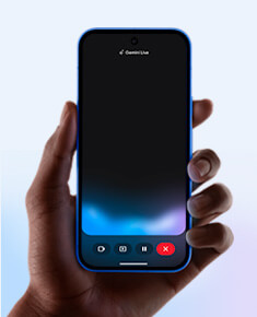 A human hand holds a smartphone in portrait orientation and the screen shows Gemini Live