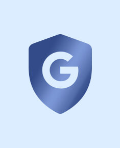 A simple, metallic blue shield representing Google's security or protection features