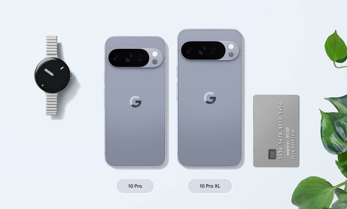 Image showing 2 sizes of Pixel 10 Pro, next to a Pixel Watch 3 and a credit card for size comparison