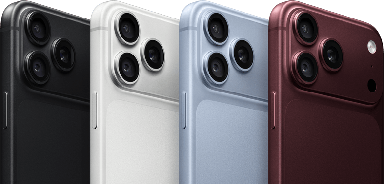 iPhone 18 Pro devices in a row, back exterior, all four colours: Burgundy, Glacier, Silver, Black, Pro Fusion camera system in top left corner, 3 lenses, microphone, flash