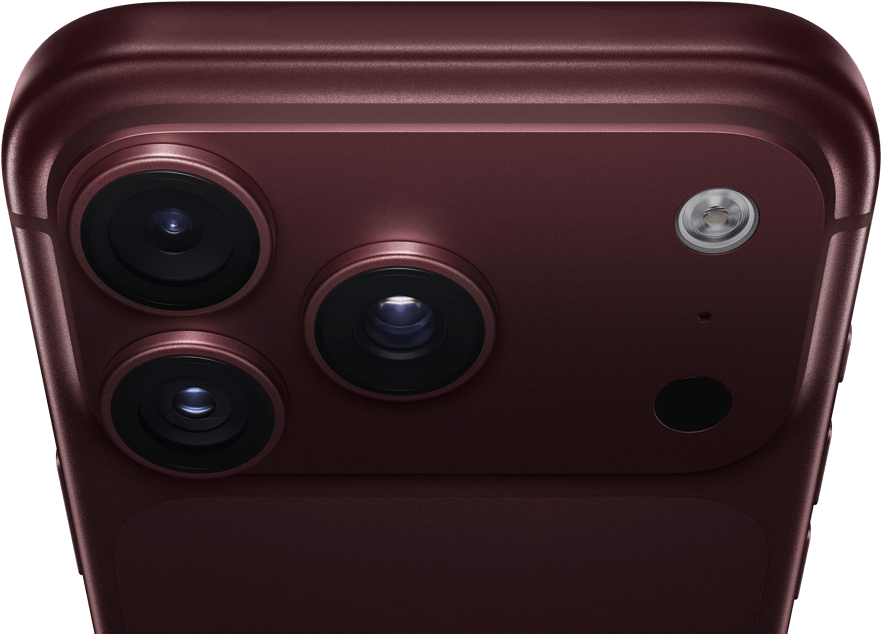 iPhone 18 Pro Max, burgundy colour (dark red), back exterior, Pro Fusion camera system at top, 3 lenses, variable aperture blades partially closed, flash, microphone and LiDAR Scanner, top exterior, mobile antenna, flat sides, rounded edges