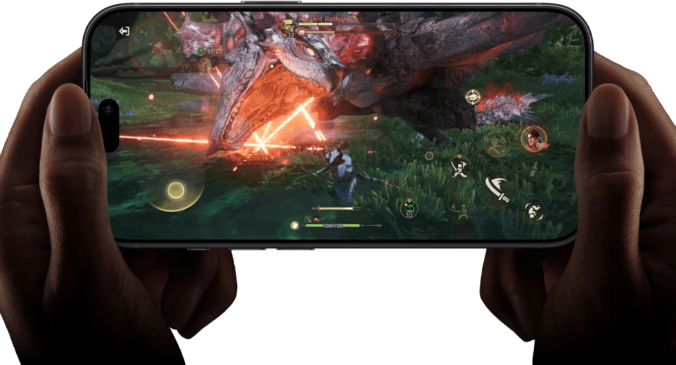 iPhone 18 Pro, front exterior, demonstrating the performance capabilities of the A20 Pro chip with a scene from Monster Hunter Outlanders