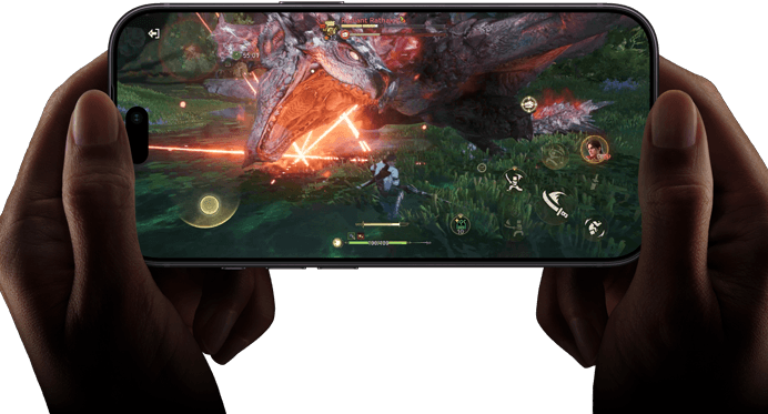 iPhone 18 Pro, front exterior, demonstrating the performance capabilities of the A20 Pro chip with a scene from Monster Hunter Outlanders