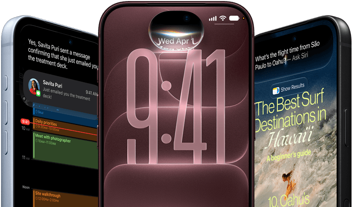 3 iPhone 18 Pro devices in Glacier, Burgundy and Black, front exterior, screens show Siri AI integration in Lock Screen, Message Summary and Ask Siri