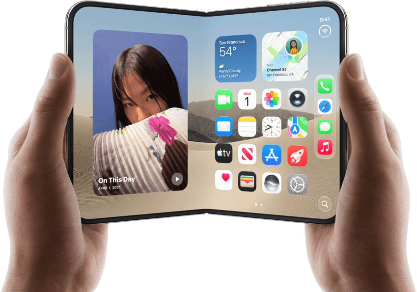 iPhone Duo, Star White colour, held by two hands in landscape orientation, unfolded, interior screen displays photos on the left, apps on the right