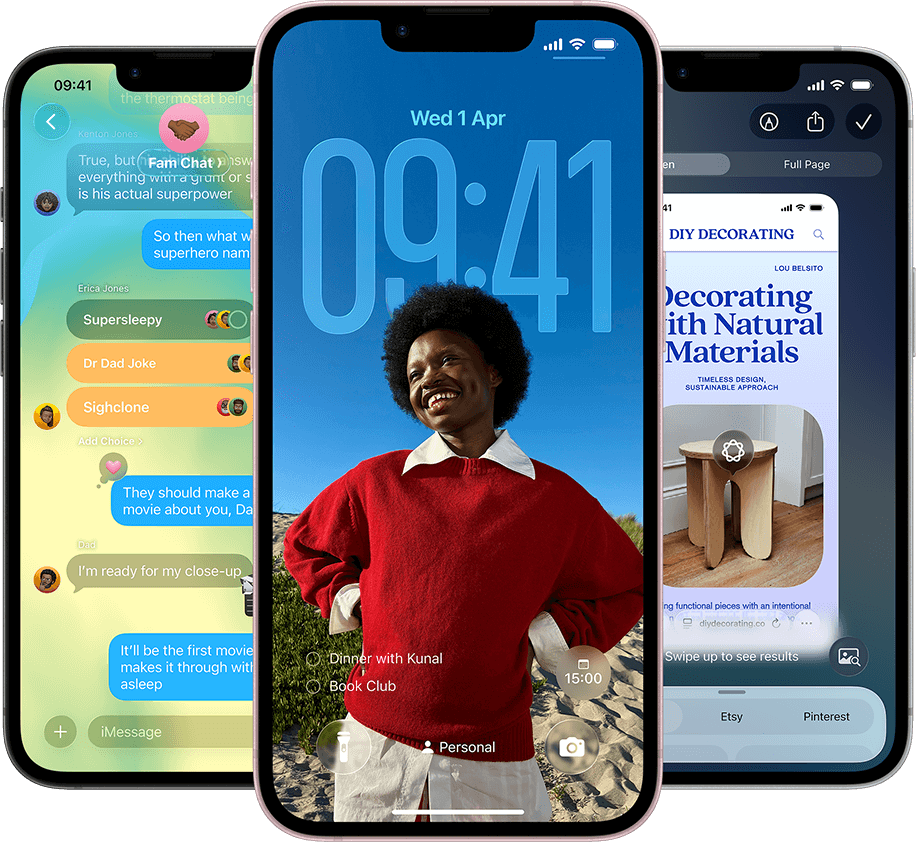 Three iPhone 17e devices, showing Messages app with Liquid Glass design, dynamic Lock Screen, and Visual Intelligence in use