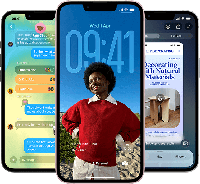 Three iPhone 17e devices, showing Messages app with Liquid Glass design, dynamic Lock Screen, and Visual Intelligence in use