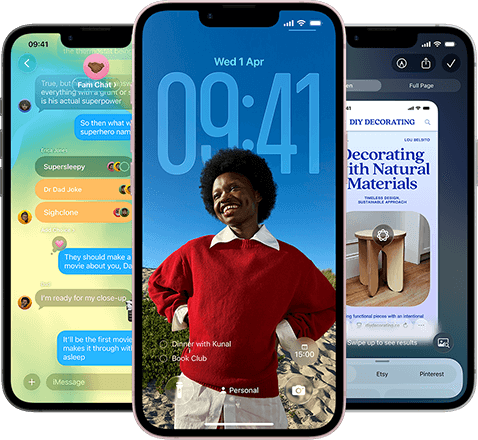 Three iPhone 17e devices, showing Messages app with Liquid Glass design, dynamic Lock Screen, and Visual Intelligence in use
