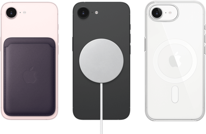 iPhone 17e, back exterior, soft pink colour, FineWoven Wallet with MagSafe attached, iPhone 17e, back exterior, black colour, MagSafe Charger attached, iPhone 17e, back exterior, white colour, Clear Case with MagSafe attached
